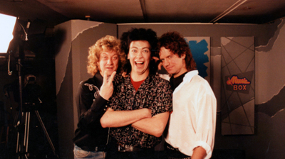 Noddy Holder& Jimmy Lea Of Slade with Gaz Top in the Music Box Studio 1986